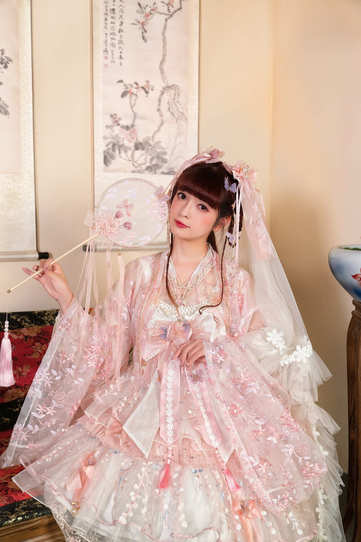 사쿠라 스위트 차이나 로리타 셔츠 + 목걸이 + 리본 + 베일 + 클립