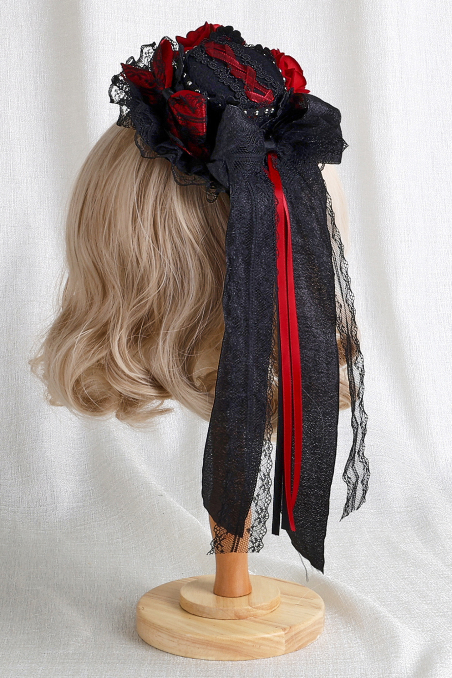 Dark Frilled Lolita Hairband + Flat Hat + Hat Clip + Ribbon Clip + Sleeve