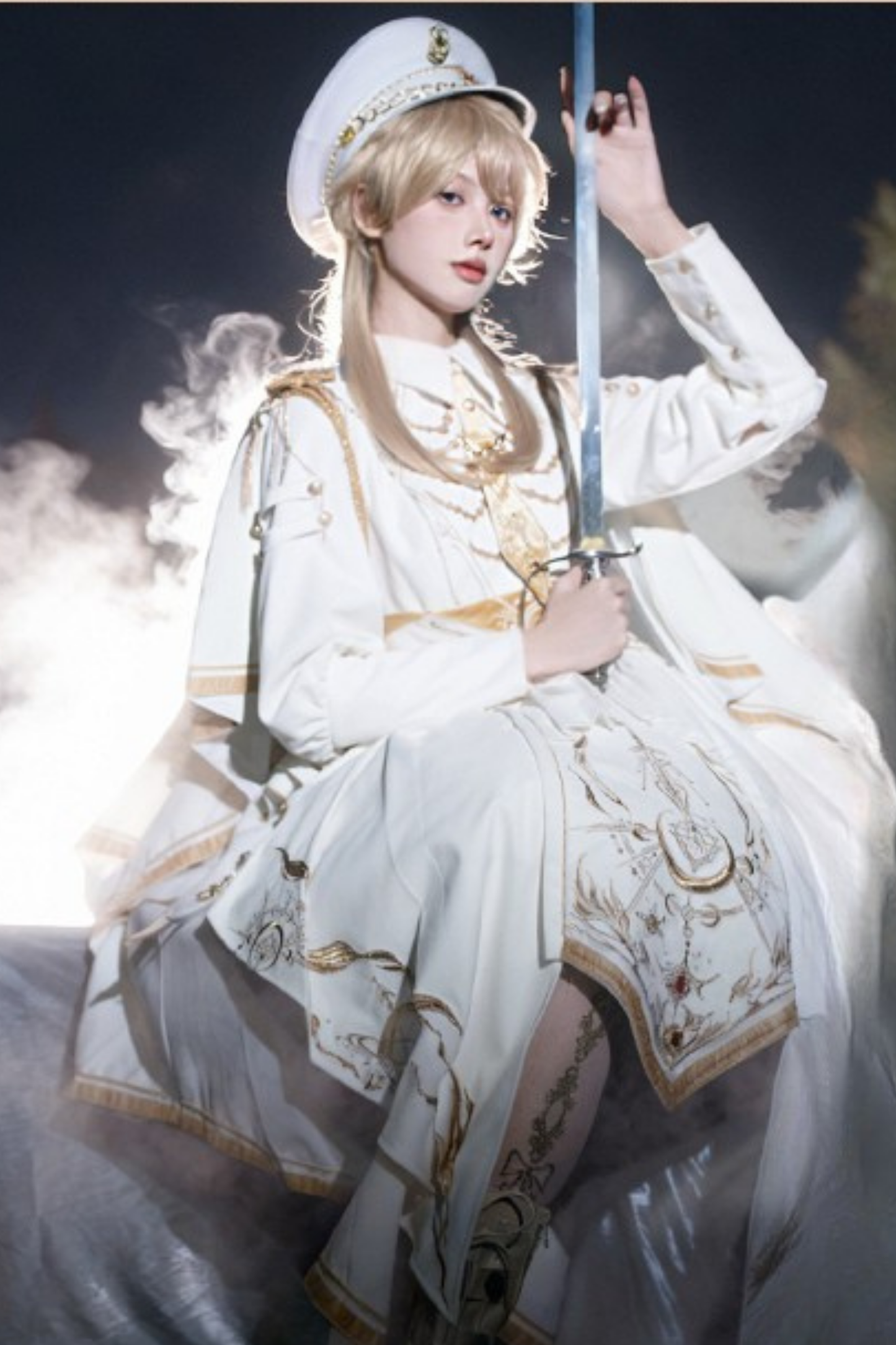 [Pre-order Deadline: November 16] Holy Army White Gold Embroidery Military Uniform Cape Dress Complete Set + Dress Set