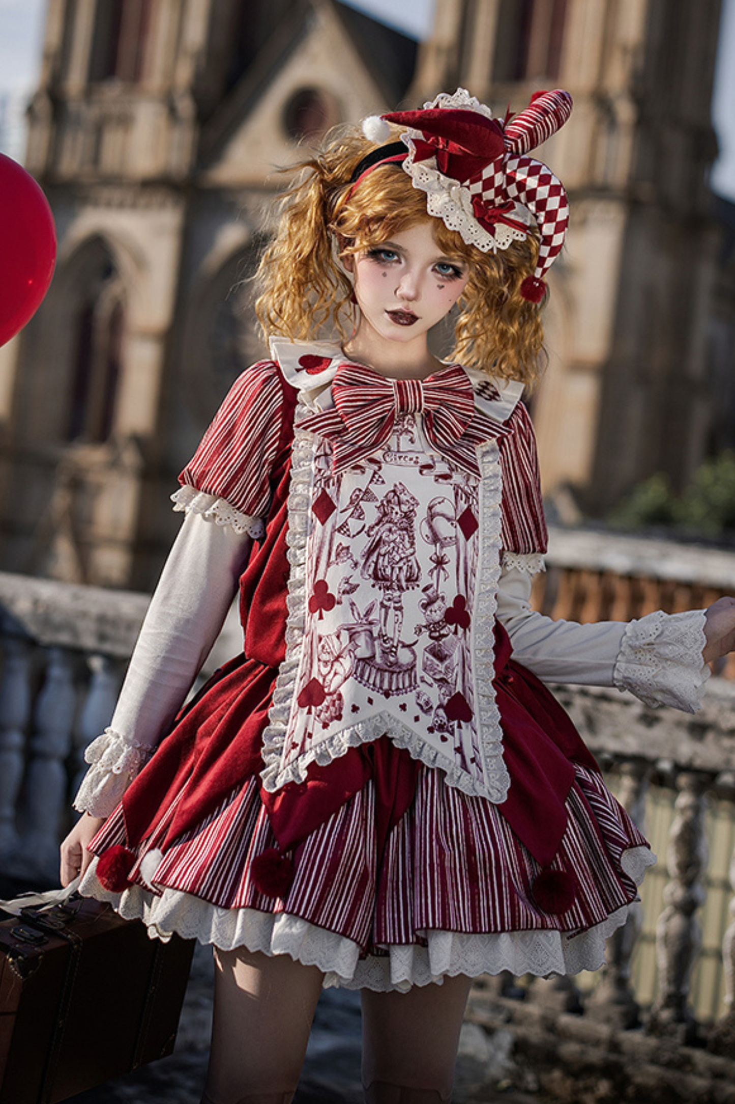 ドールサーカスピエロロリータドレス+カチューシャ+ベルト+リボン+カチューシャ+バッフル