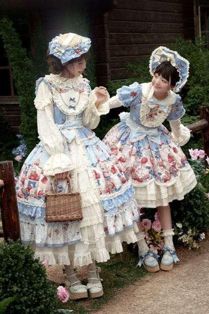 Rabbit Berry Embroidery Print Dress + Bonnet + Hat