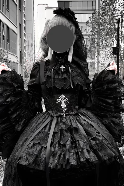 【Vorbestellung bis 18. März】 Dark Kawaii Gothic Lolita Rock + Shirt + Haarband + Hut + Ärmel