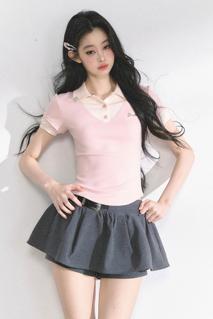 フレンチシャツタイトガーリートップス