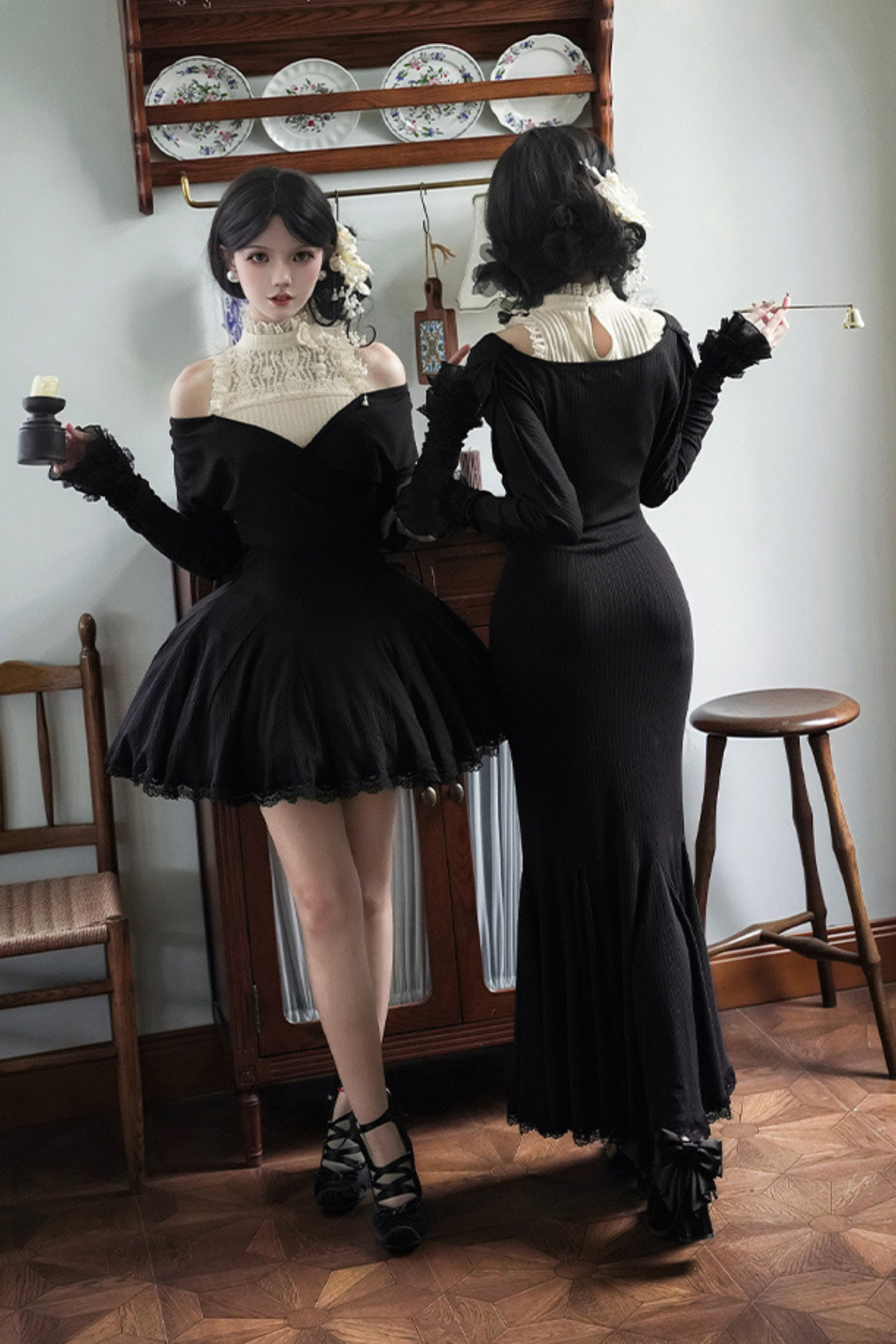 ローVネックニットストレッチスリムワンピース