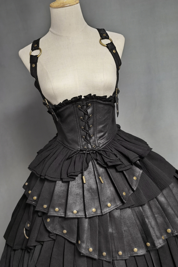 【予約商品】ブラックミストゴシックスチームパンクゴージャスマットレザーシャツ＋コルセットサスペンダードレス