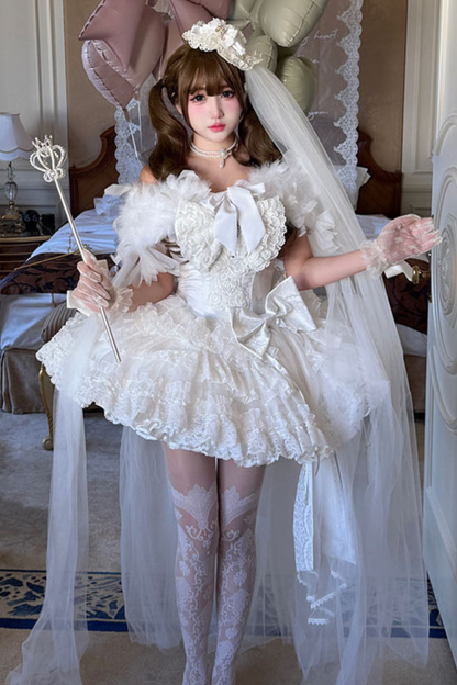 [Vorbestellung bis 4. April]Weißes Feder-Zeremonienkleid + Schal + Schwanz + Schleier + Schleife + Ärmel