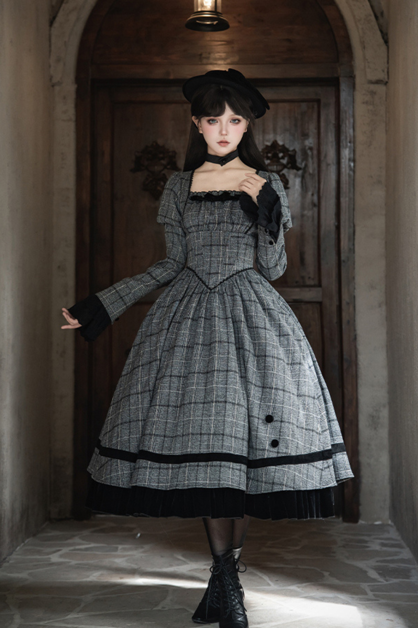 Check Fishbone Chest JSK + Dress + Innerwear + Ribbon + Hat