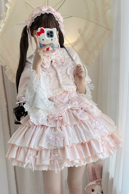 レイヤーフリルスイートプリンセスロリータジャンパースカート+テール+ヘアバンド+ケープ+ボンネット