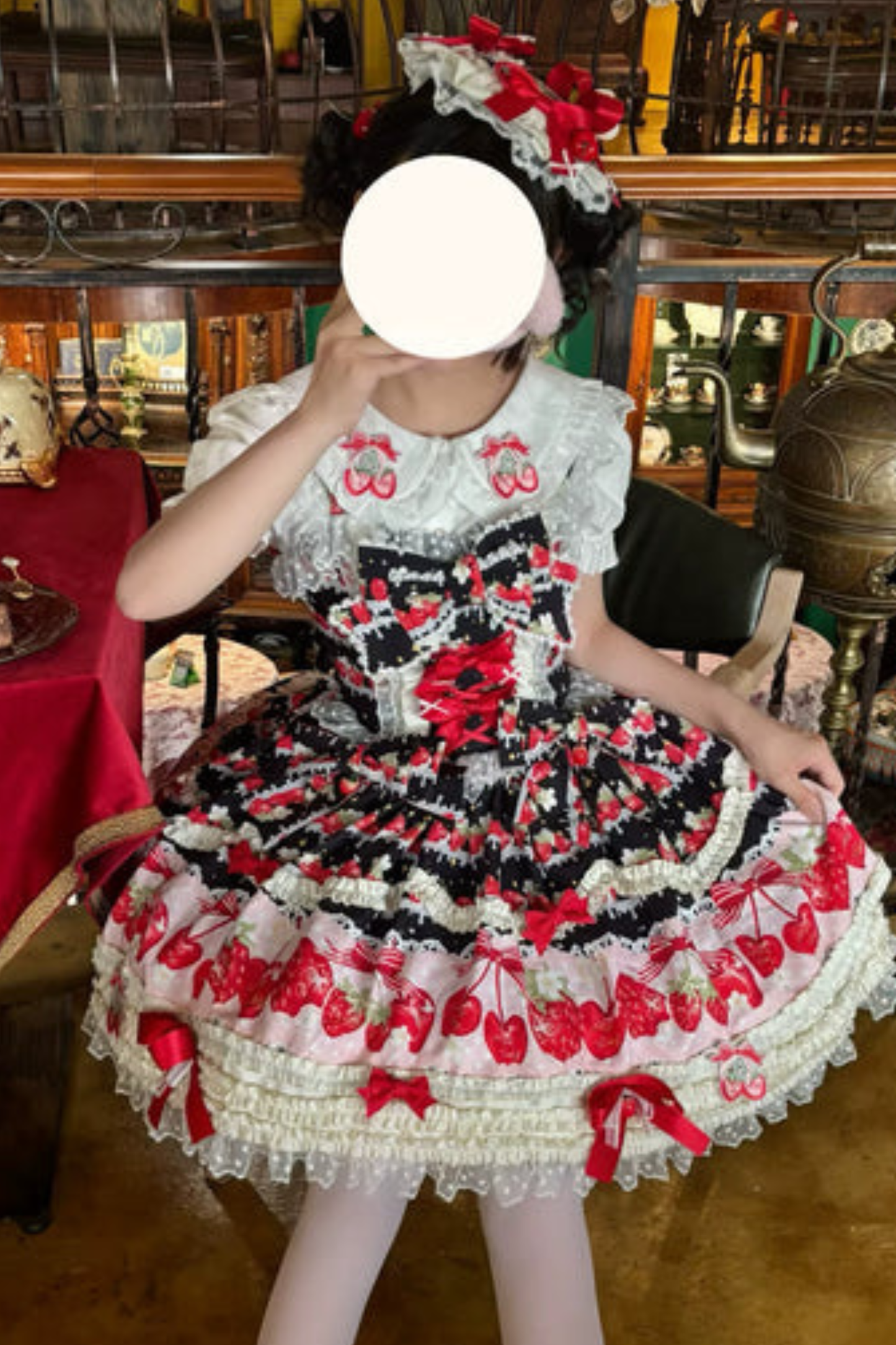 ストロベリーロリータジャンパースカート+ラビットヘアスカーフ+ビッグリボン+トップス+ハット+ボンネット