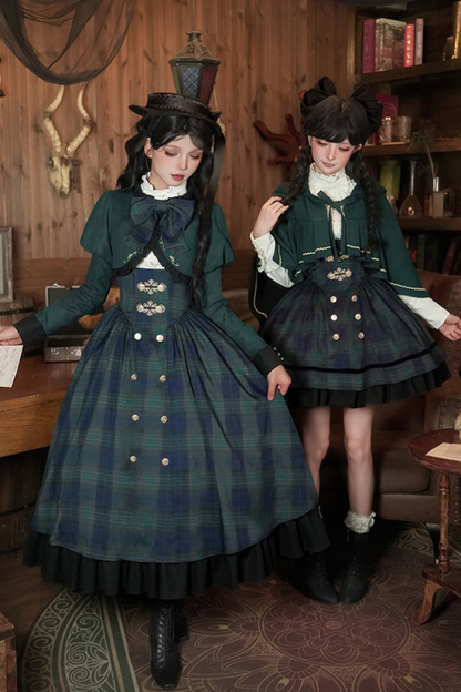 レトロカレッジスタイルチェックロリータスカート＋ジャケット＋マント＋ブラウス＋リボン＋ネックレス