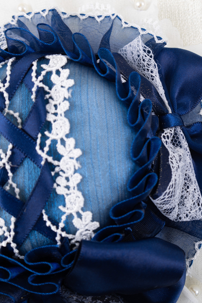 ネイビーブルーロリータボンネット+ヘアバンド+ハットクリップ+リボンクリップ