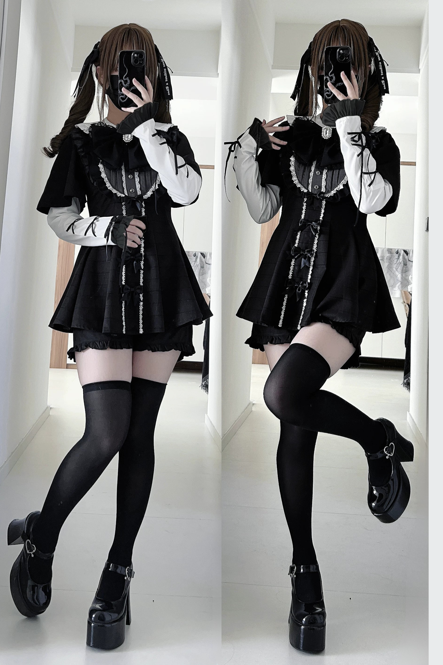 【3月1日予約締切】グレーブラックジュエルリボンフリルドレス＋ロングスリーブ＋ショートパンツフルセット