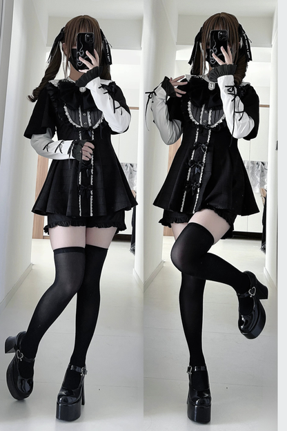 【3月1日予約締切】グレーブラックジュエルリボンフリルドレス＋ロングスリーブ＋ショートパンツフルセット