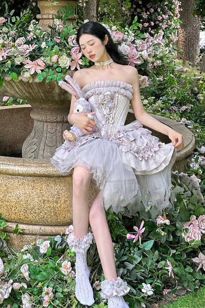 ビクトリアフラワーチューブトップス＋ショートスカート＋ロングスカート＋ガーゼスカート＋アームリング＋チョーカー