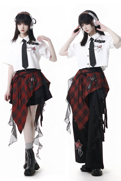 コントラストシャツ＋チェックスカート＋ブラックスカート＋ワイドパンツ＋ネクタイ