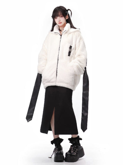 Fast Snow Original Back Ribbon Hoodie Fur Coat Top Skirt