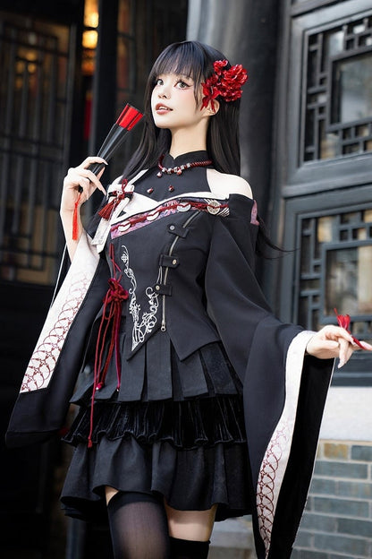【10月7日予約締切】Black and Red Chinese Dark Gothic Lolita Wide Sleeve Asymmetrical Hem Top + Layered Ruffle Skirt + Necklace + Full Set