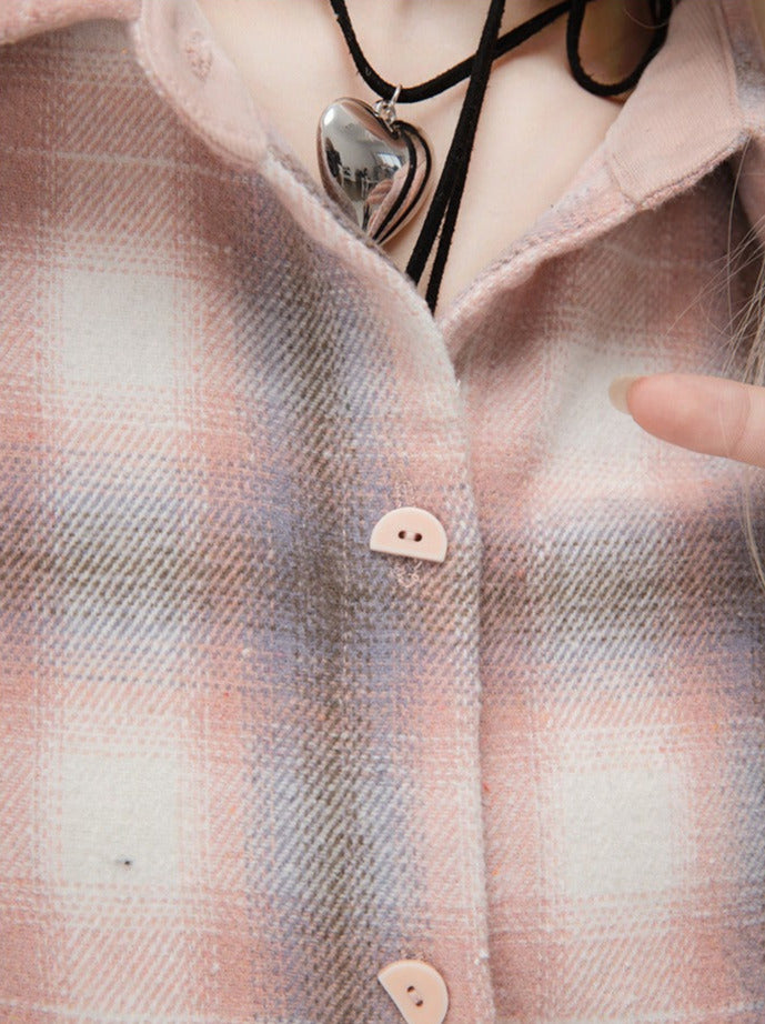 Cream Pink Check American Retro Loose Splicing Shirt