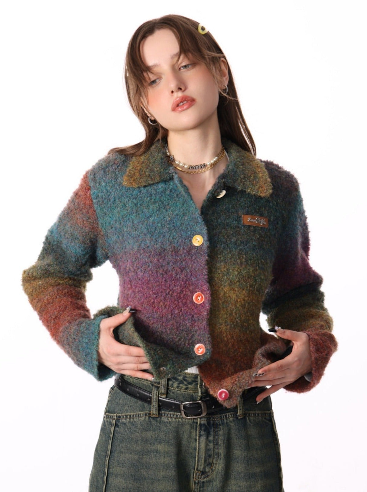 Gradient Polo Collar Soft Wax Wool Retro Cardigan