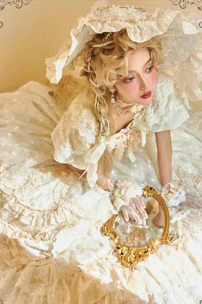 【9月10日予約締切】Red/Platinum Gold Rococo Fantasy Puff Sleeve Ribbon Tiered Princess Lolita Dress Bridal＋Full set[Op Dress + Feather Hat + Choker + Back Ribbon Train + Lace Gloves]