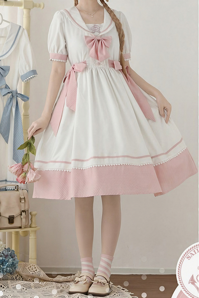[Reservierungsschluss 28. Juni] 5 Farben/Sailor-Lolita-Streifenkleid mit Schleife und Puffärmeln
