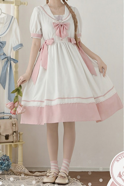 [Reservierungsschluss 28. Juni] 5 Farben/Sailor-Lolita-Streifenkleid mit Schleife und Puffärmeln