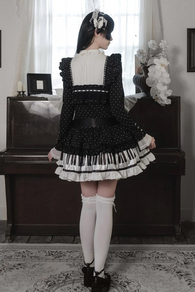 [Date limite de réservation : 22 octobre] Robe de poupée taille basse gothique Lolita à pois/noire avec touches de piano, nœud à volants