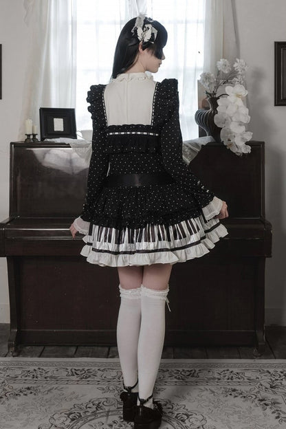 [Date limite de réservation : 22 octobre] Robe de poupée taille basse gothique Lolita à pois/noire avec touches de piano, nœud à volants