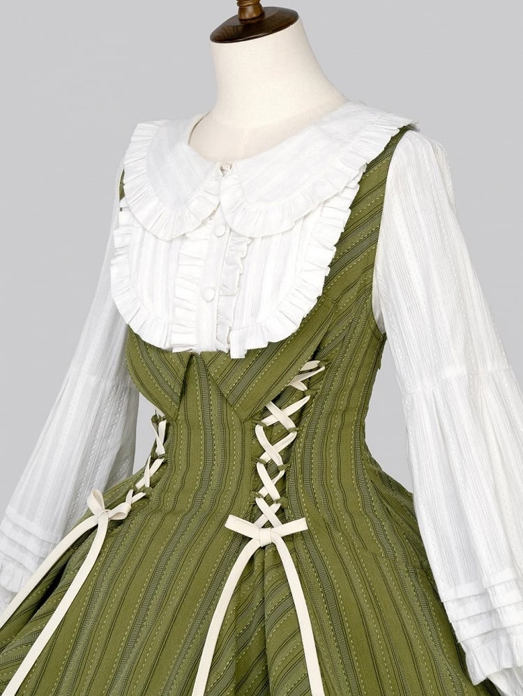 【12月29日予約締切】ゴシックロリータダークカラーストライプバッククロスフリルサスドレス