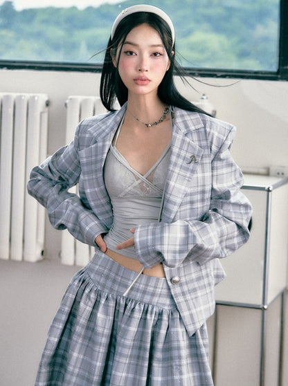 Diamond Check Waist Blazer + Short Skirt + Long Skirt