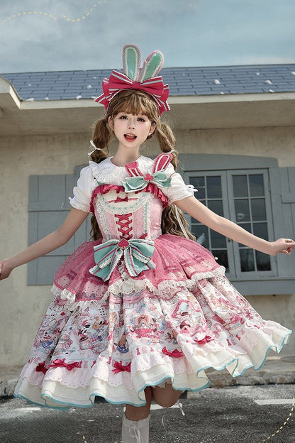 [Pre-order Deadline: July 1] Pink x Green Alice Cat Sweet Lolita Series Accessories (Bunny Ear Ribbon Hair Clip, Bunny Ear Ribbon Brooch, Bunny Ear Ribbon Tea Cup Hat, Back Ribbon Train)