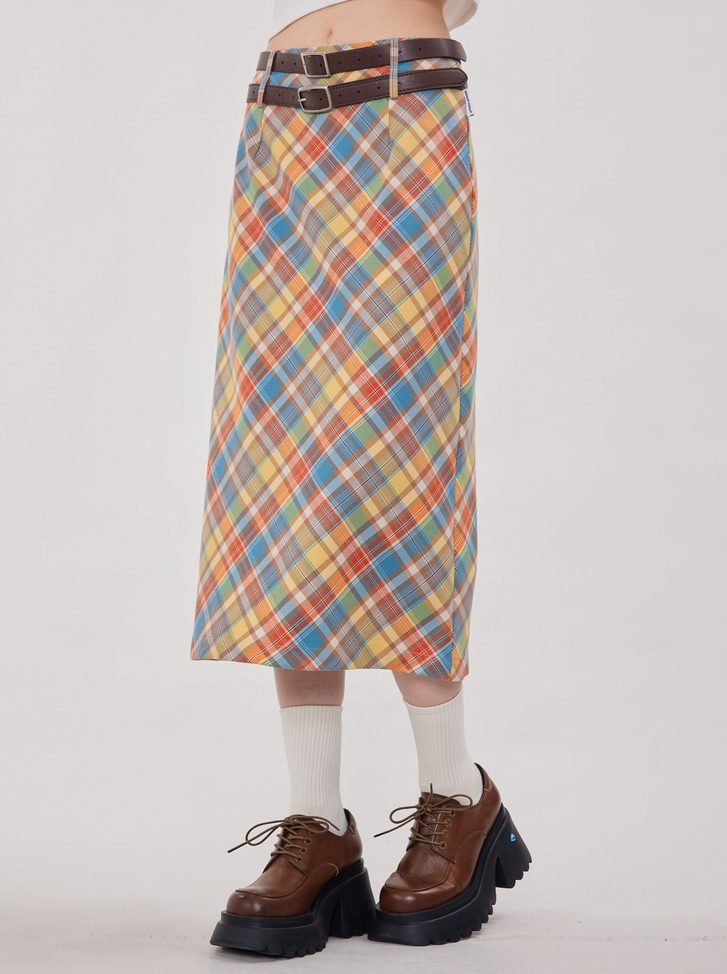 Retro Colorful Check Tight Long Skirt