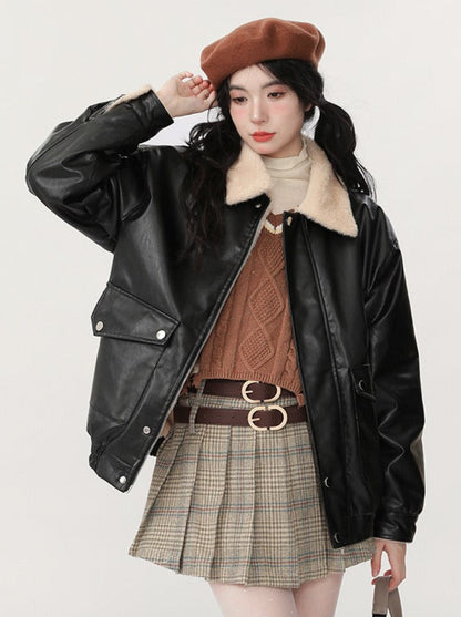 New Retro Loose Fleece Faux Leather Lamb Wool Jacket