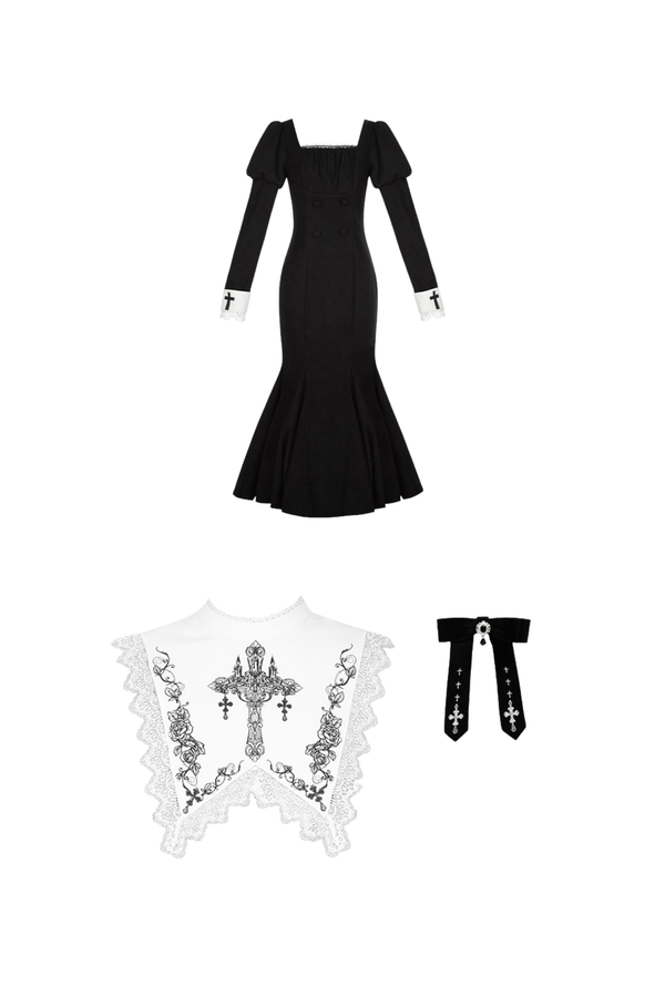 Chic mermaid dress + lace-up short dress + cloak coat + collar + ribbon brooch