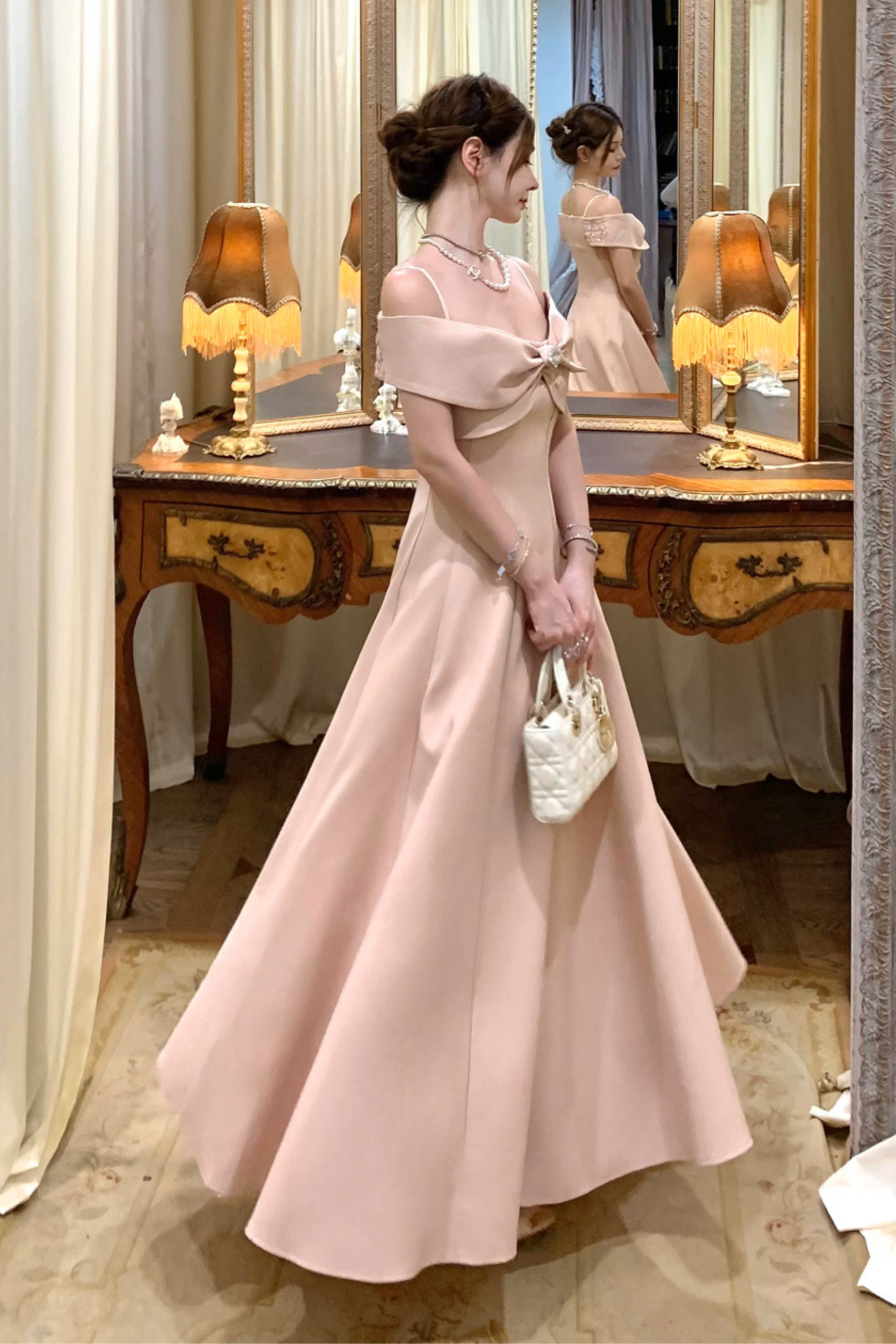 オフショルダーリボンショートフレアドレス＋ロングフレアドレス