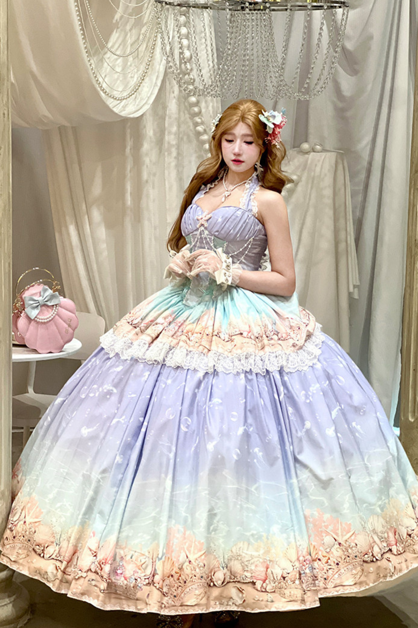 グラデーションバブルハルターネックフレンチドレス+スカート