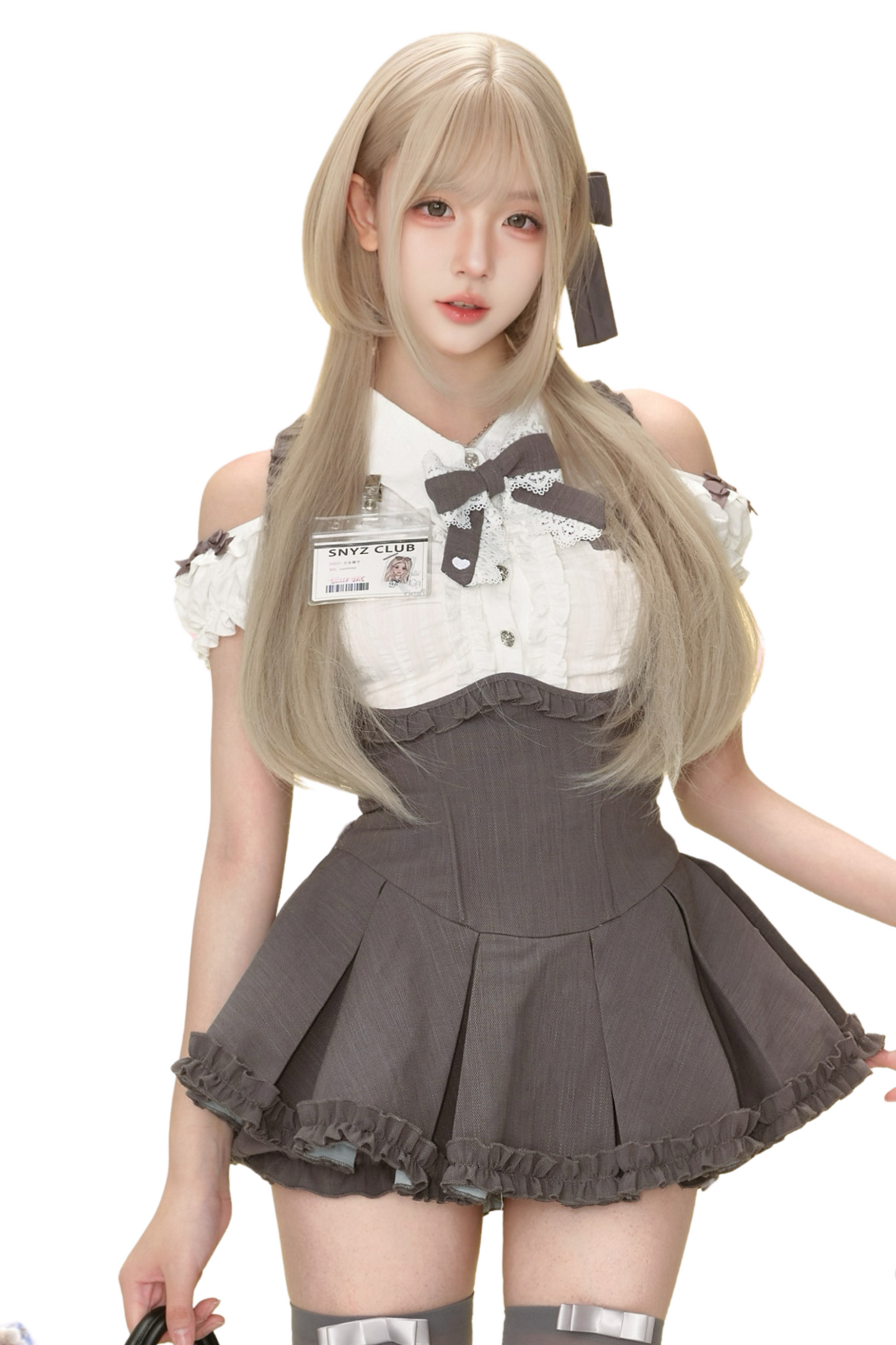 Bubble Sleeve Shirt + High Waist Strap Skirt