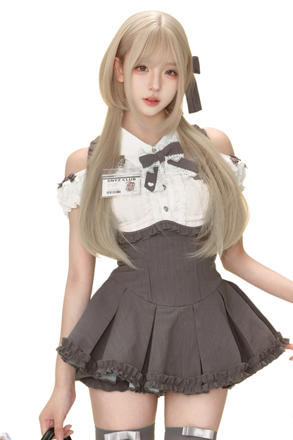 Bubble Sleeve Shirt + High Waist Strap Skirt