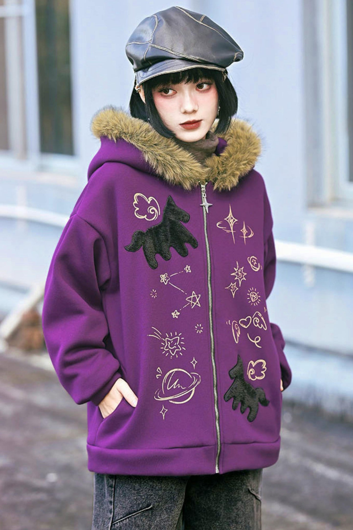 グラフィティファーカラーフーデッドフリースジャケット