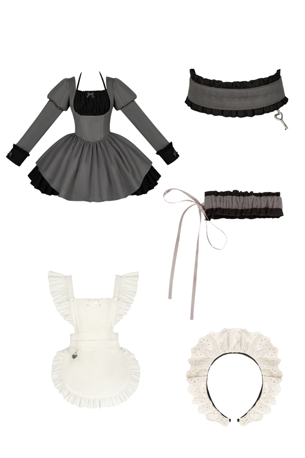 Twin Ruffle Maid Lolita Dress + Apron + Choker + Headband + Ribbon + Leg Covers