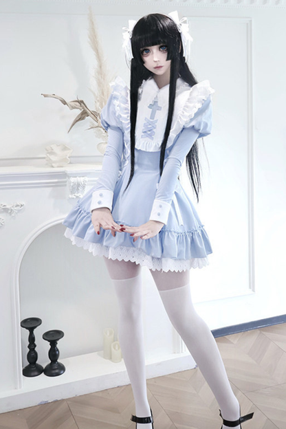 Lace-up ribbon Lolita dress + brooch + hair clip