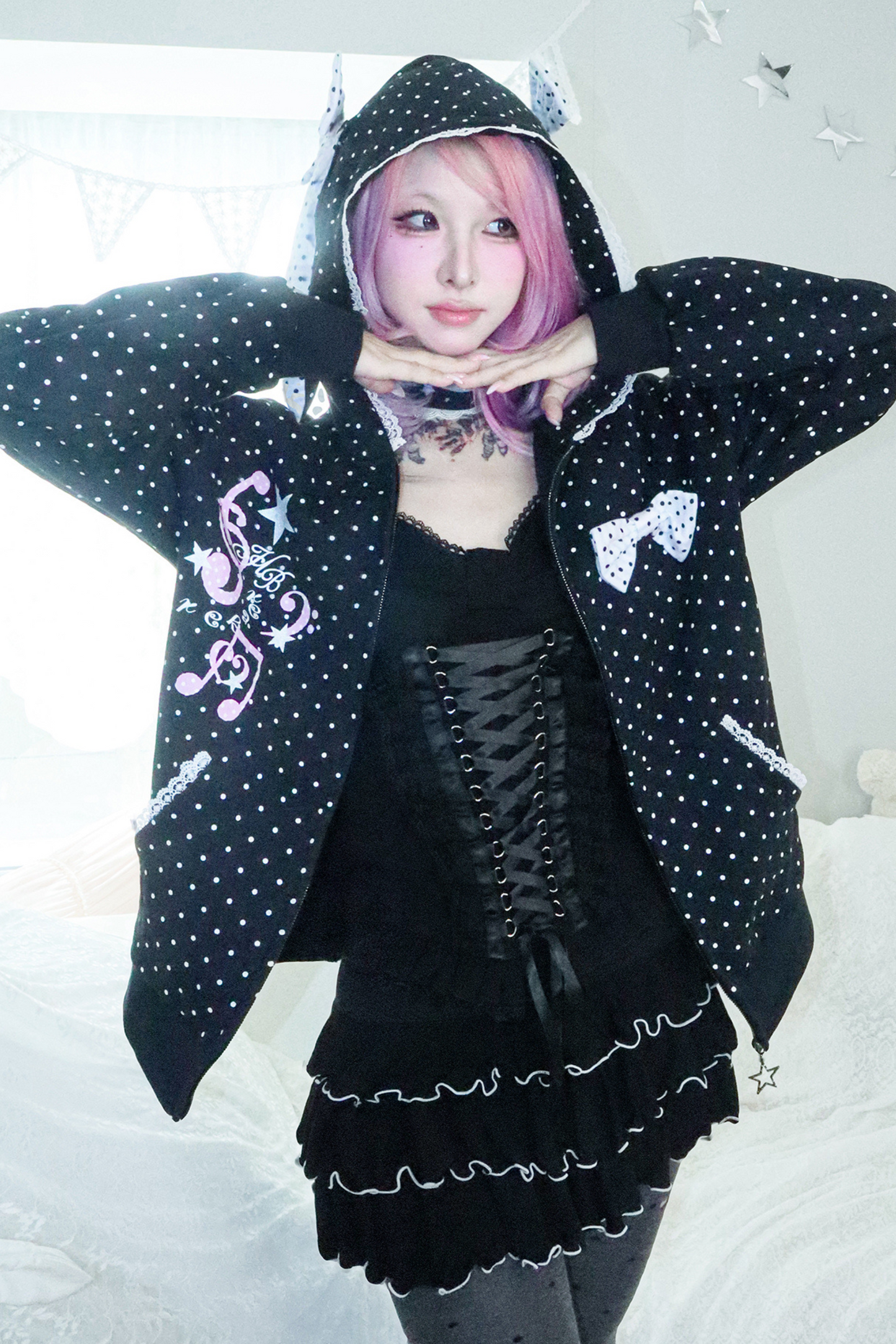 Y2Kガールドットバニーフードパーカー