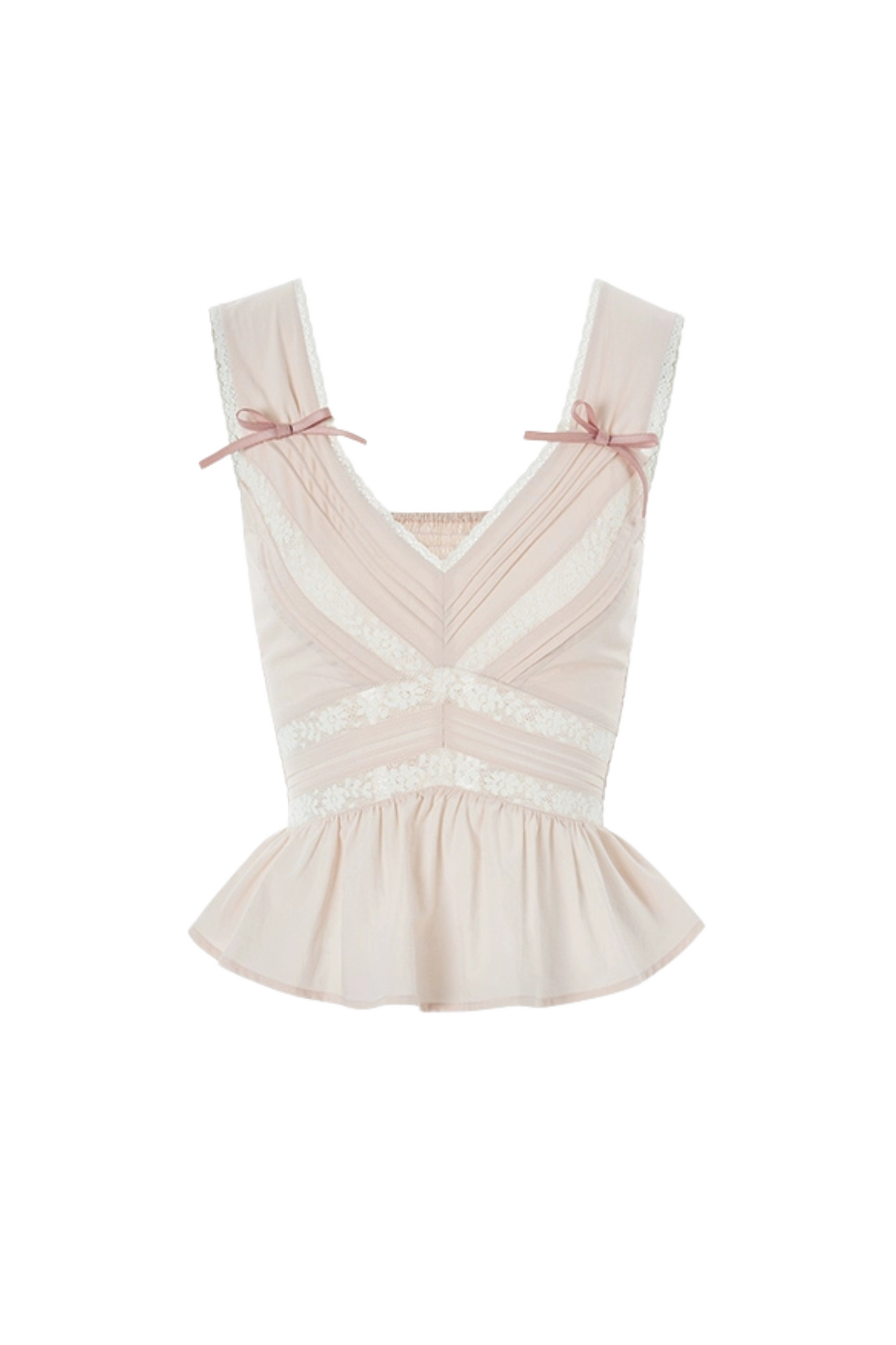 スイートショルダーリボンノースリーブトップス＋レースワイドパンツ