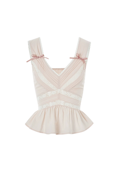 スイートショルダーリボンノースリーブトップス＋レースワイドパンツ