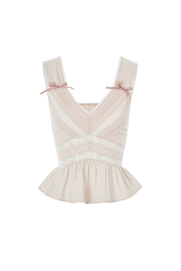 スイートショルダーリボンノースリーブトップス＋レースワイドパンツ