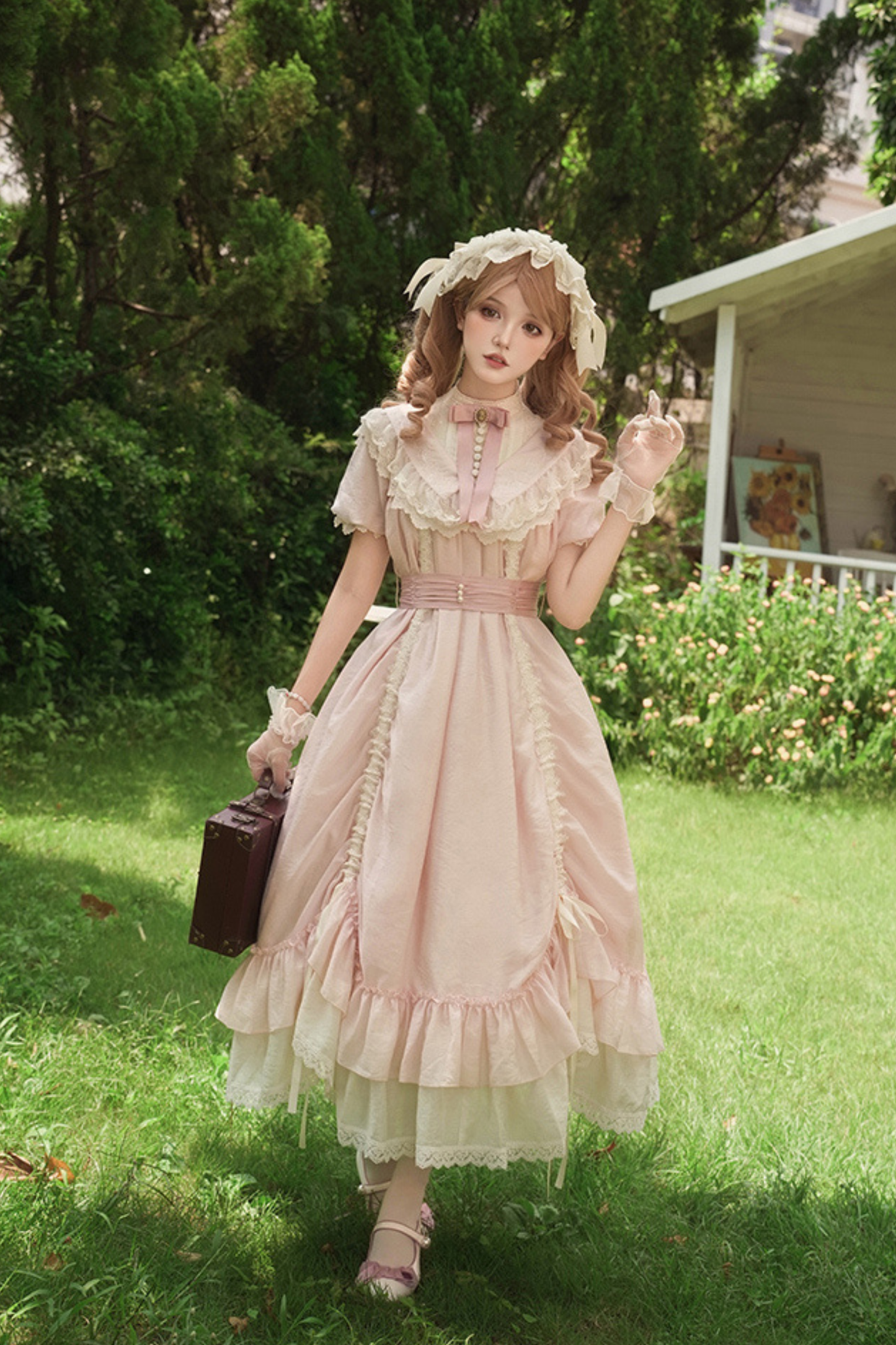 【予約商品】ローズフリルロリータドレス+ドレス＋ベルト＋ブローチ＋リボン＋ヘッドバンド＋スリーブ