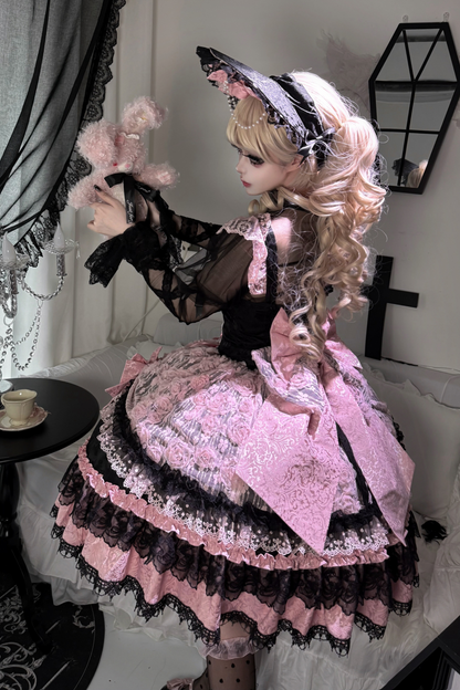 ローズフリルプリンセスジャンパースカート+バッグリボン+ボンネット