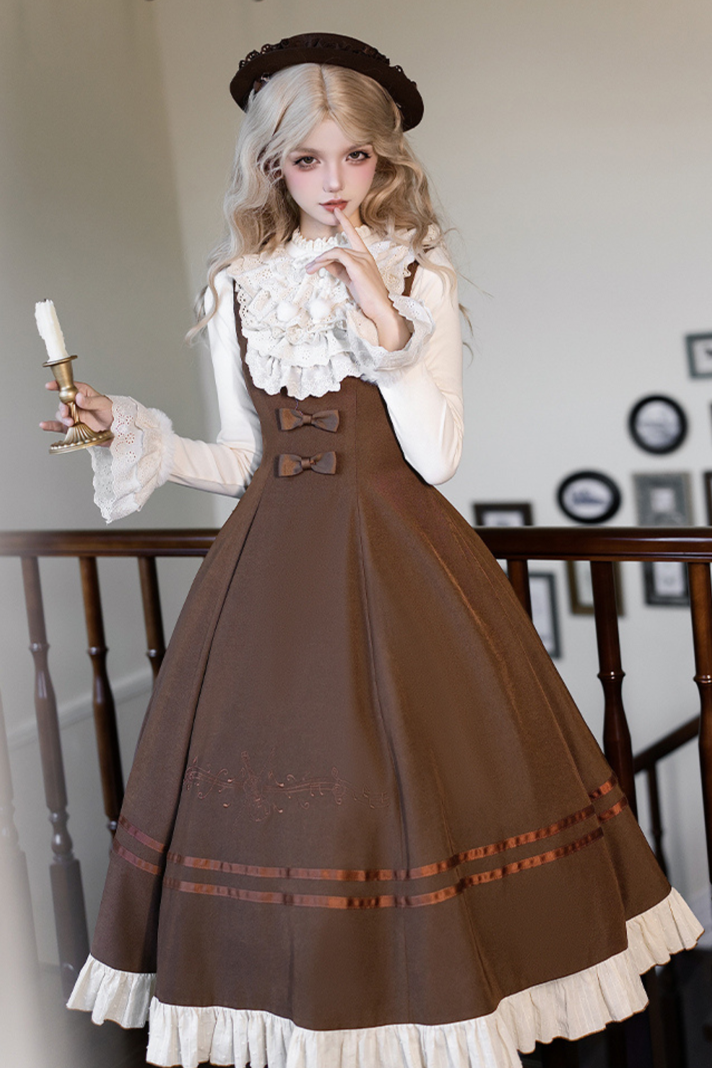 ツインフリルドールジャンパースカート+トップス+リボン+ハット