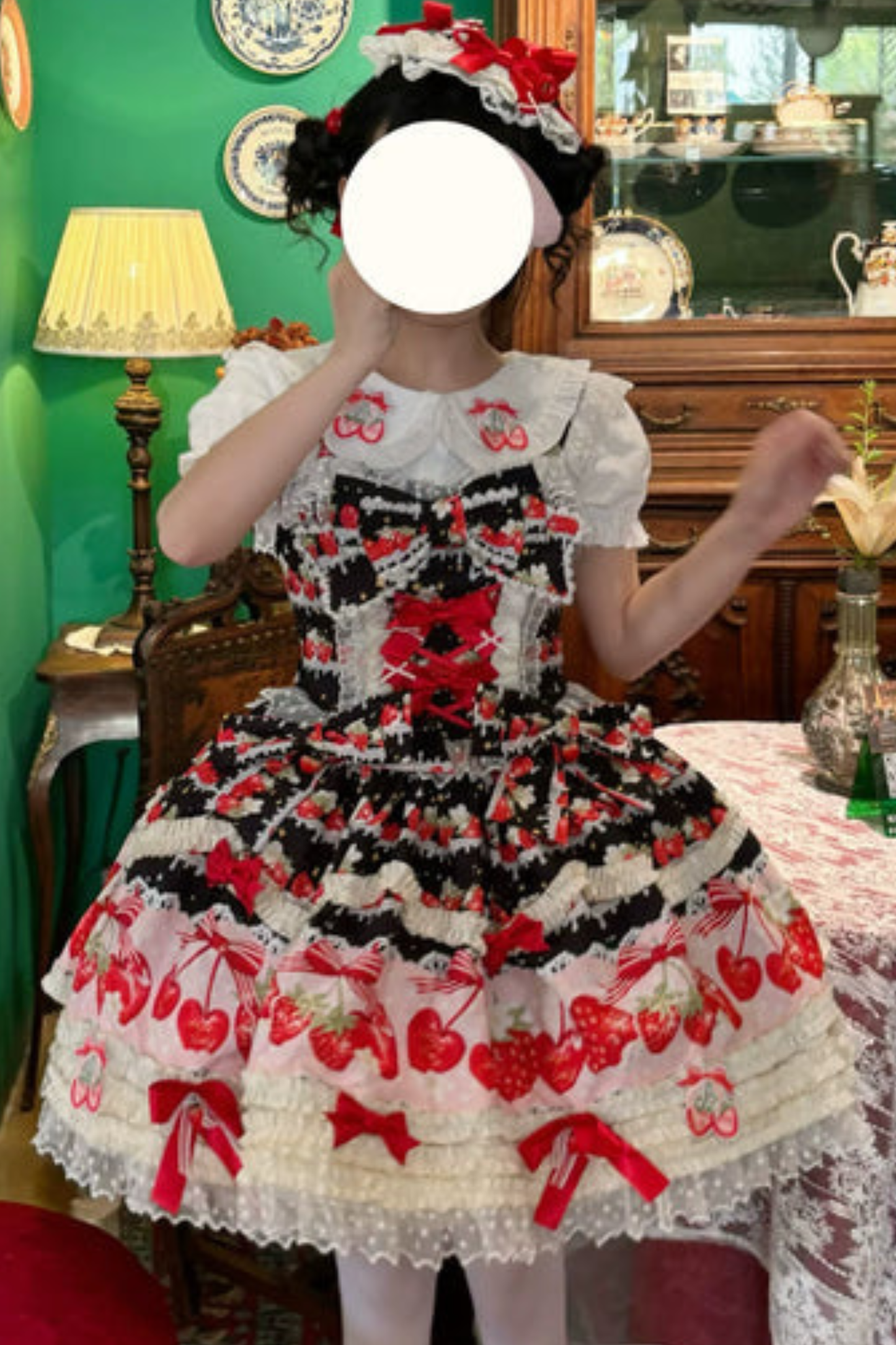 ストロベリーロリータジャンパースカート+ラビットヘアスカーフ+ビッグリボン+トップス+ハット+ボンネット