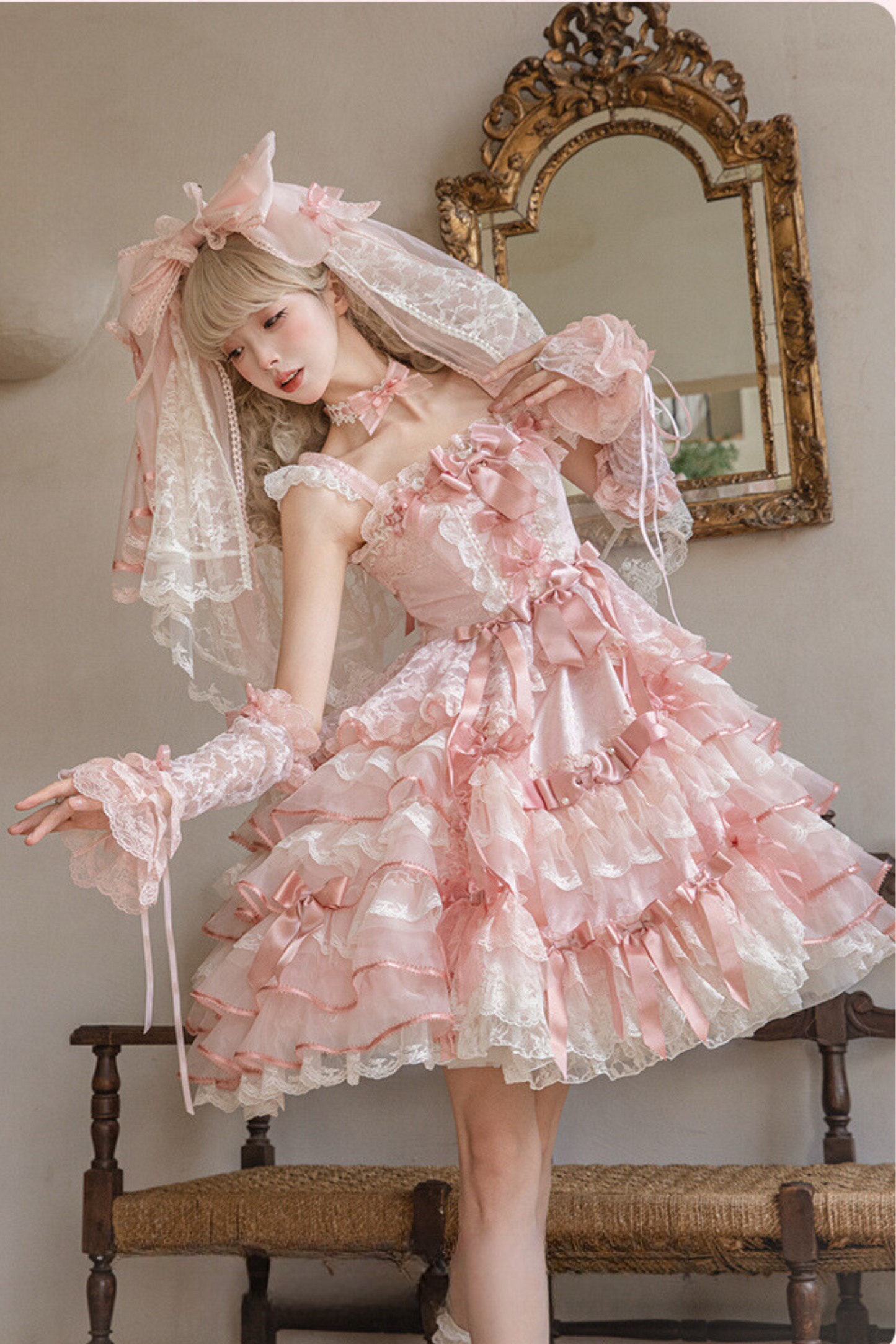 [Reservation deadline on October 18] Rose Garden Floral Pearl Ribbon Tulle Dress